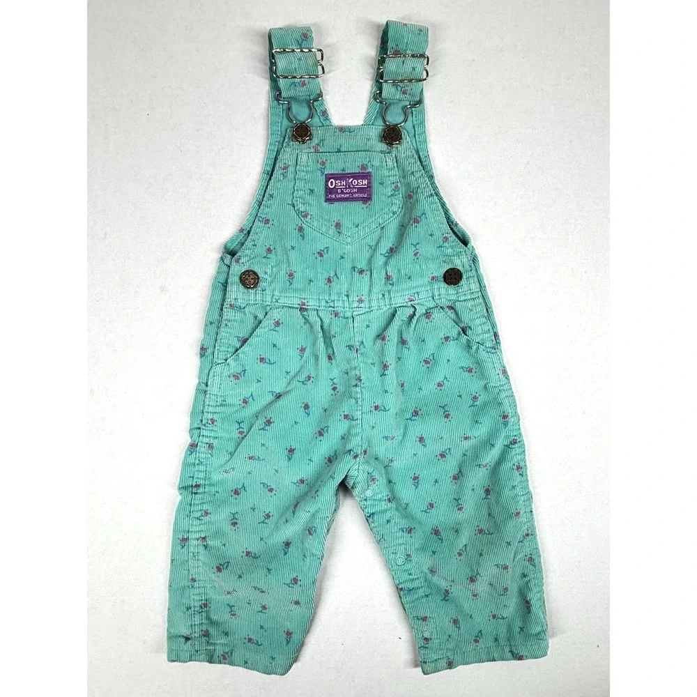VTG OshKosh B'Gosh Floral Corduroy‎ Overalls Girls 18 month Green Triangle